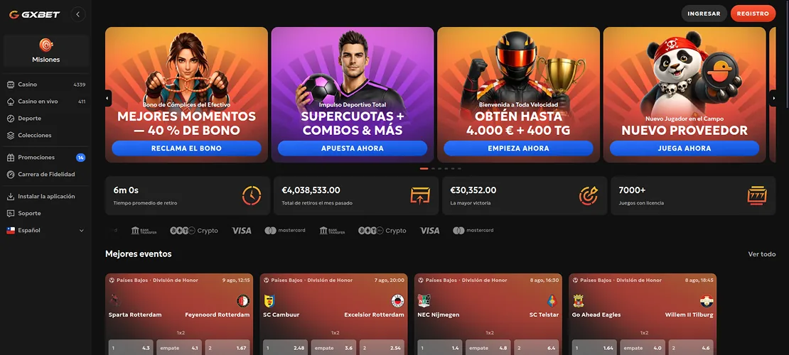 Captura de Gxbet: portada, bonos y tragaperras